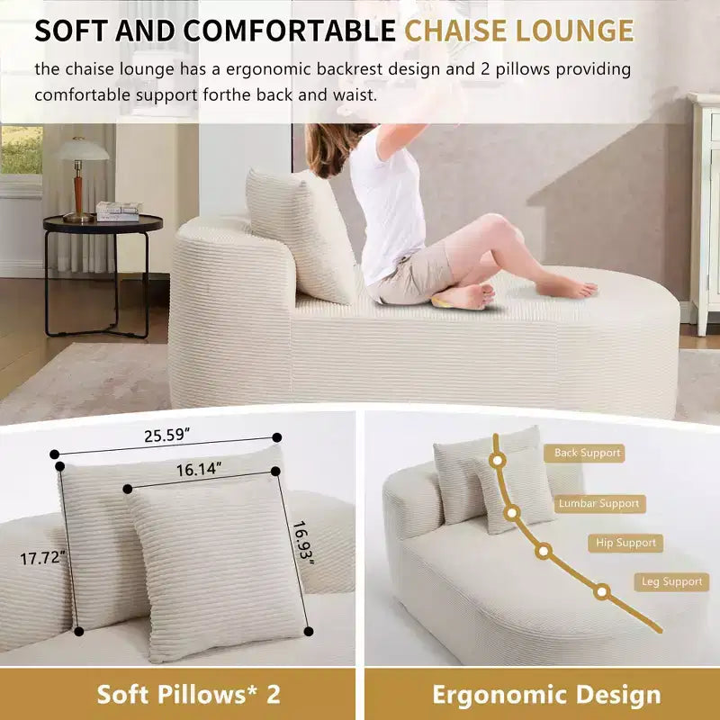 Modernes, extragroßes Schlafsofa ohne Gestell, Récamiere, Kordbezogene Couch für Wohnzimmer, Apartment