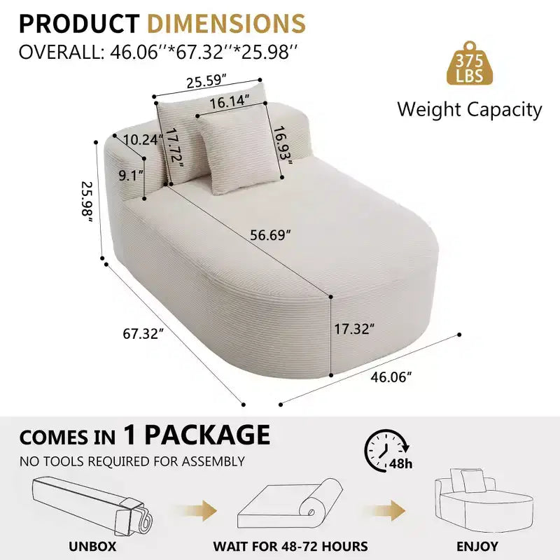 Modernes, extragroßes Schlafsofa ohne Gestell, Récamiere, Kordbezogene Couch für Wohnzimmer, Apartment