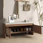 Eingangsbank mit Schuhaufbewahrung und Rattan-Türen, Holz-Eingangssitzbank mit Kissen, staubdichter Schuhschrank für Schlafzimmer, Wohnzimmer, Braun