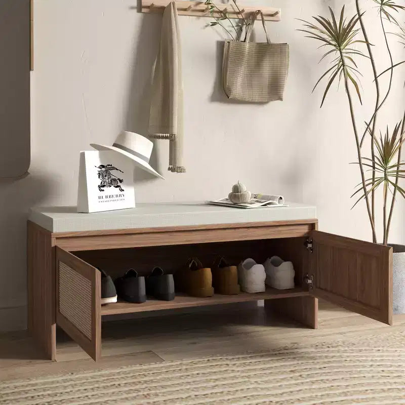 Eingangsbank mit Schuhaufbewahrung und Rattan-Türen, Holz-Eingangssitzbank mit Kissen, staubdichter Schuhschrank für Schlafzimmer, Wohnzimmer, Braun