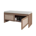 Eingangsbank mit Schuhaufbewahrung und Rattan-Türen, Holz-Eingangssitzbank mit Kissen, staubdichter Schuhschrank für Schlafzimmer, Wohnzimmer, Braun