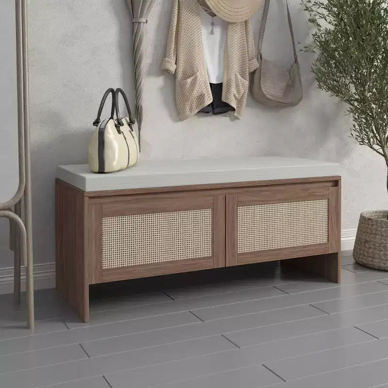 Eingangsbank mit Schuhaufbewahrung und Rattan-Türen, Holz-Eingangssitzbank mit Kissen, staubdichter Schuhschrank für Schlafzimmer, Wohnzimmer, Braun