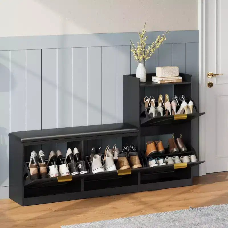 Bauernhaus-Schuhschrank mit Bank und 4 Klappfächern, Schuhaufbewahrungsschrank mit Bank und Komfortkissen, Schuh-Organizer für den Eingangsbereich