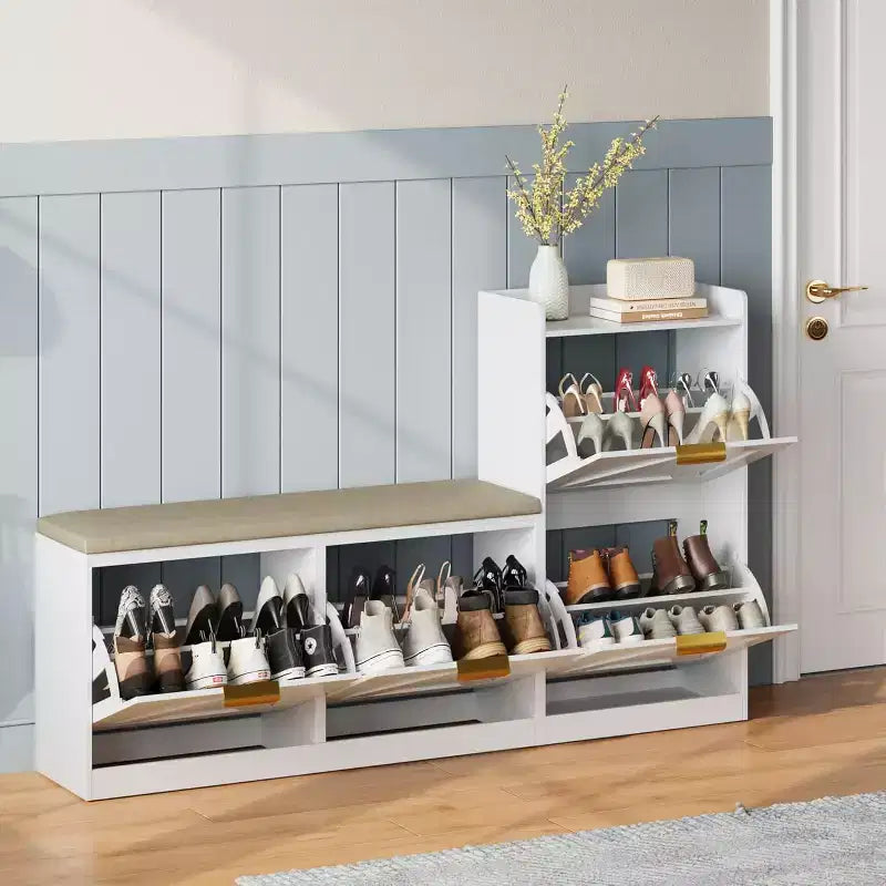Bauernhaus-Schuhschrank mit Bank und 4 Klappfächern, Schuhaufbewahrungsschrank mit Bank und Komfortkissen, Schuh-Organizer für den Eingangsbereich