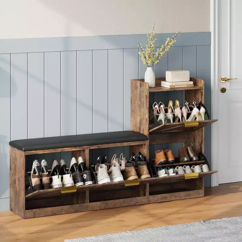 Bauernhaus-Schuhschrank mit Bank und 4 Klappfächern, Schuhaufbewahrungsschrank mit Bank und Komfortkissen, Schuh-Organizer für den Eingangsbereich