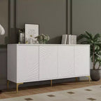 Modernes weißes Sideboard/Buffetschrank, 4-türiges Holz-Kredenz mit 3D geschnitzter Palmenstruktur und goldenen Beinen