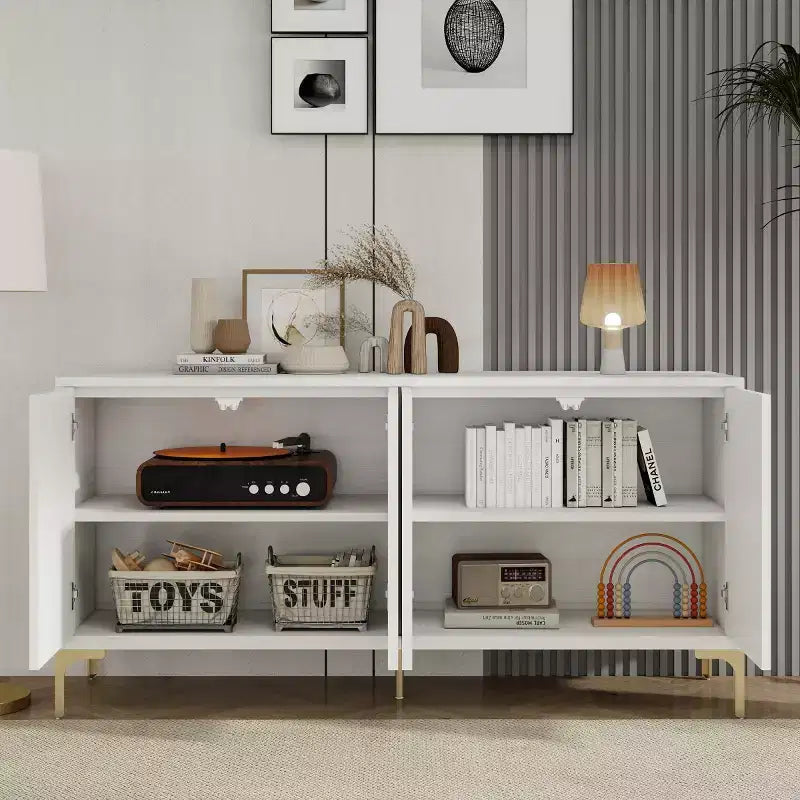 Modernes weißes Sideboard/Buffetschrank, 4-türiges Holz-Kredenz mit 3D geschnitzter Palmenstruktur und goldenen Beinen