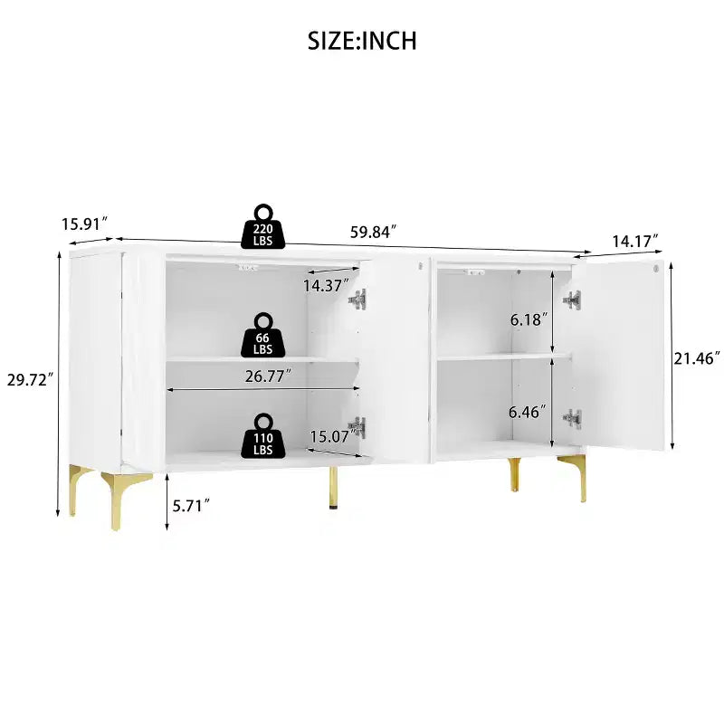 Modernes weißes Sideboard/Buffetschrank, 4-türiges Holz-Kredenz mit 3D geschnitzter Palmenstruktur und goldenen Beinen