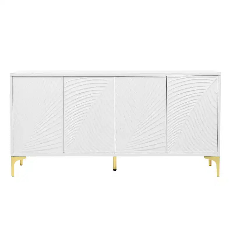 Modernes weißes Sideboard/Buffetschrank, 4-türiges Holz-Kredenz mit 3D geschnitzter Palmenstruktur und goldenen Beinen