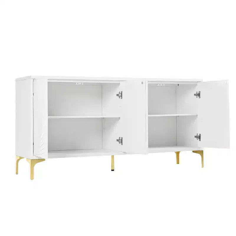 Modernes weißes Sideboard/Buffetschrank, 4-türiges Holz-Kredenz mit 3D geschnitzter Palmenstruktur und goldenen Beinen