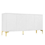 Modernes weißes Sideboard/Buffetschrank, 4-türiges Holz-Kredenz mit 3D geschnitzter Palmenstruktur und goldenen Beinen