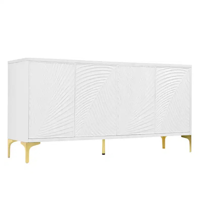 Modernes weißes Sideboard/Buffetschrank, 4-türiges Holz-Kredenz mit 3D geschnitzter Palmenstruktur und goldenen Beinen