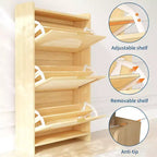 Rattan-Schuhschrank mit 3 Klappschubladen, freistehender schmaler Schuhschrank mit Rattantüren, Schuhregal aus Holz für den Eingangsbereich