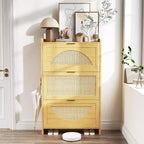 Rattan-Schuhschrank mit 3 Klappschubladen, freistehender schmaler Schuhschrank mit Rattantüren, Schuhregal aus Holz für den Eingangsbereich