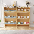 Rattan-Schuhschrank mit 3 Klappschubladen, freistehender schmaler Schuhschrank mit Rattantüren, Schuhregal aus Holz für den Eingangsbereich