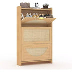Rattan-Schuhschrank mit 3 Klappschubladen, freistehender schmaler Schuhschrank mit Rattantüren, Schuhregal aus Holz für den Eingangsbereich