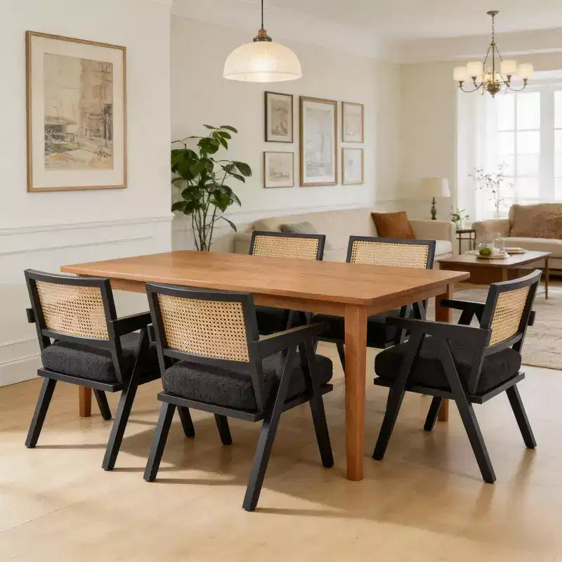 Bauernhaus-Akzentsessel aus Holz mit Armlehne, Rattanrückenlehne und Leinenkissen für Wohnzimmer, Schlafzimmer