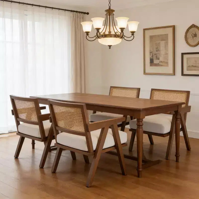 Bauernhaus-Akzentsessel aus Holz mit Armlehne, Rattanrückenlehne und Leinenkissen für Wohnzimmer, Schlafzimmer