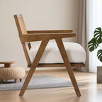 Bauernhaus-Akzentsessel aus Holz mit Armlehne, Rattanrückenlehne und Leinenkissen für Wohnzimmer, Schlafzimmer