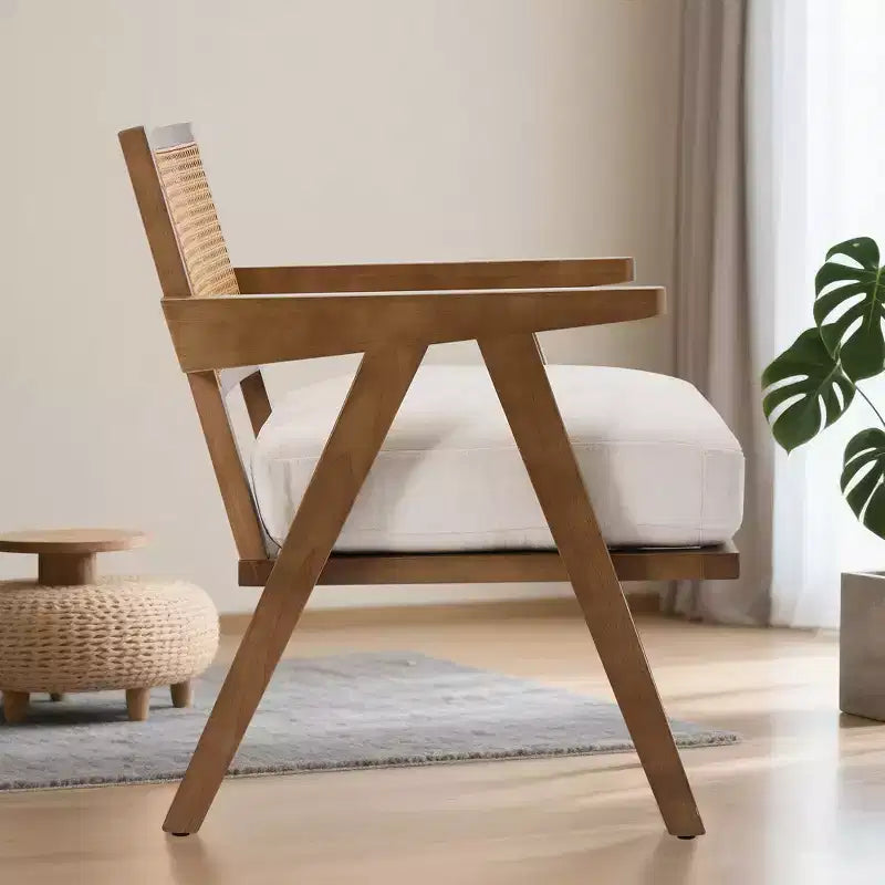 Bauernhaus-Akzentsessel aus Holz mit Armlehne, Rattanrückenlehne und Leinenkissen für Wohnzimmer, Schlafzimmer
