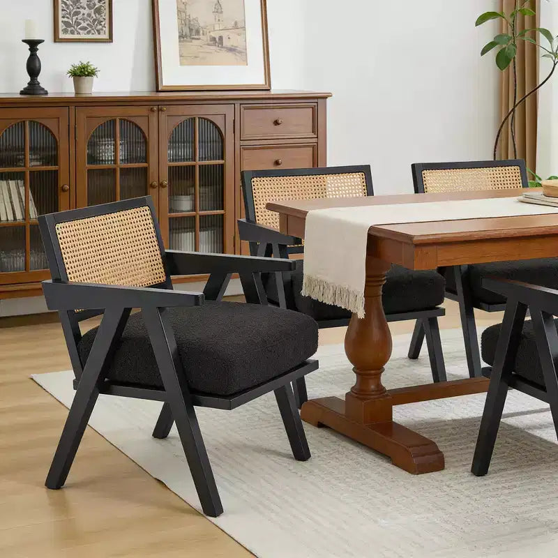 Bauernhaus-Akzentsessel aus Holz mit Armlehne, Rattanrückenlehne und Leinenkissen für Wohnzimmer, Schlafzimmer