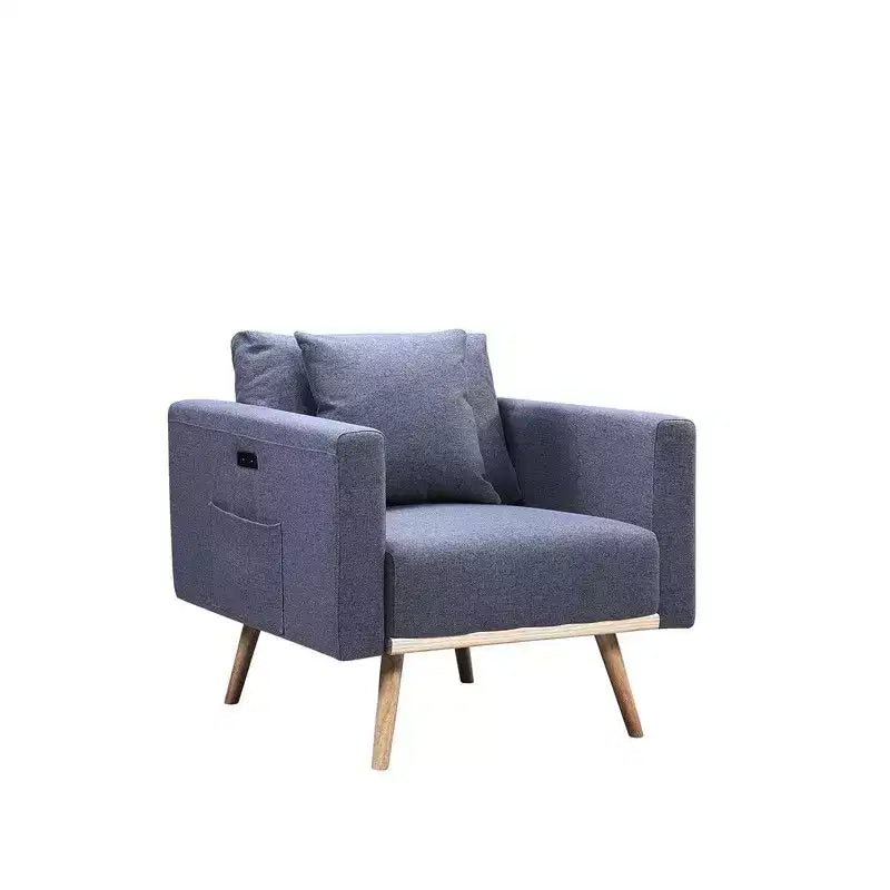 Akzentsessel, grauer Leinenstoff-Sessel mit Wurfkissen, USB-Ladeanschlüssen, Seitentaschen, Massivholzbeinen, Einzelsessel für Wohnzimmer
