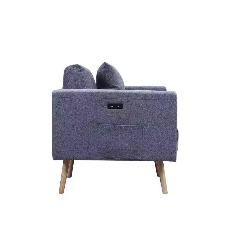 Akzentsessel, grauer Leinenstoff-Sessel mit Wurfkissen, USB-Ladeanschlüssen, Seitentaschen, Massivholzbeinen, Einzelsessel für Wohnzimmer