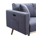 Akzentsessel, grauer Leinenstoff-Sessel mit Wurfkissen, USB-Ladeanschlüssen, Seitentaschen, Massivholzbeinen, Einzelsessel für Wohnzimmer