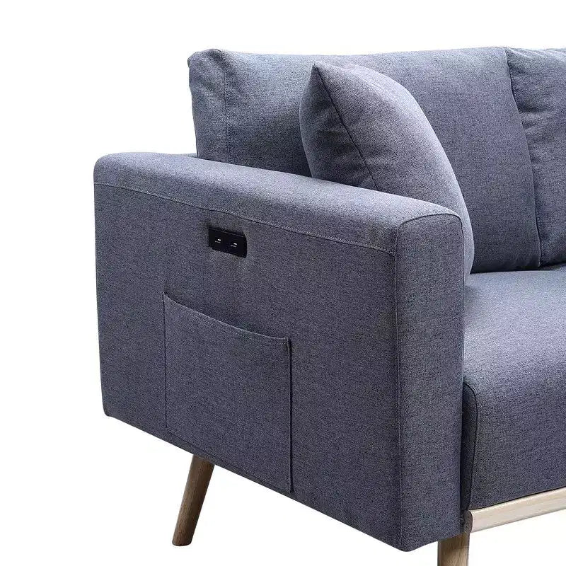 Akzentsessel, grauer Leinenstoff-Sessel mit Wurfkissen, USB-Ladeanschlüssen, Seitentaschen, Massivholzbeinen, Einzelsessel für Wohnzimmer