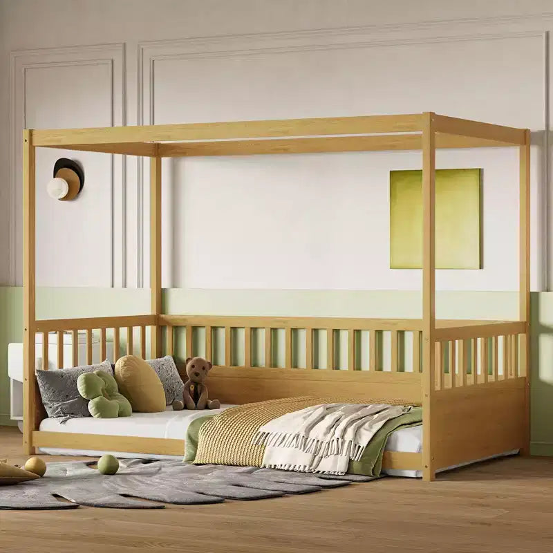 Himmelbett für Kinderzimmer, Einzel-/Doppelbettgestell mit Rausfallschutz, Holz-Baldachinbetten für Kinderzimmer, Schlafzimmer