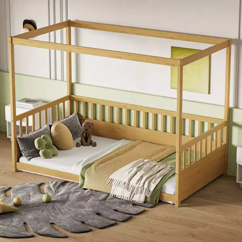 Himmelbett für Kinderzimmer, Einzel-/Doppelbettgestell mit Rausfallschutz, Holz-Baldachinbetten für Kinderzimmer, Schlafzimmer