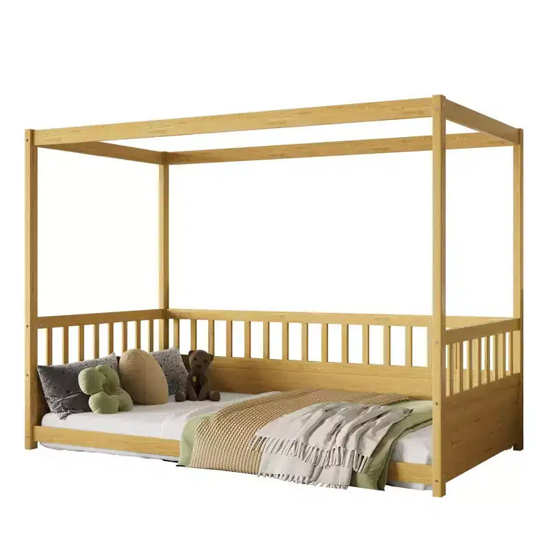 Himmelbett für Kinderzimmer, Einzel-/Doppelbettgestell mit Rausfallschutz, Holz-Baldachinbetten für Kinderzimmer, Schlafzimmer