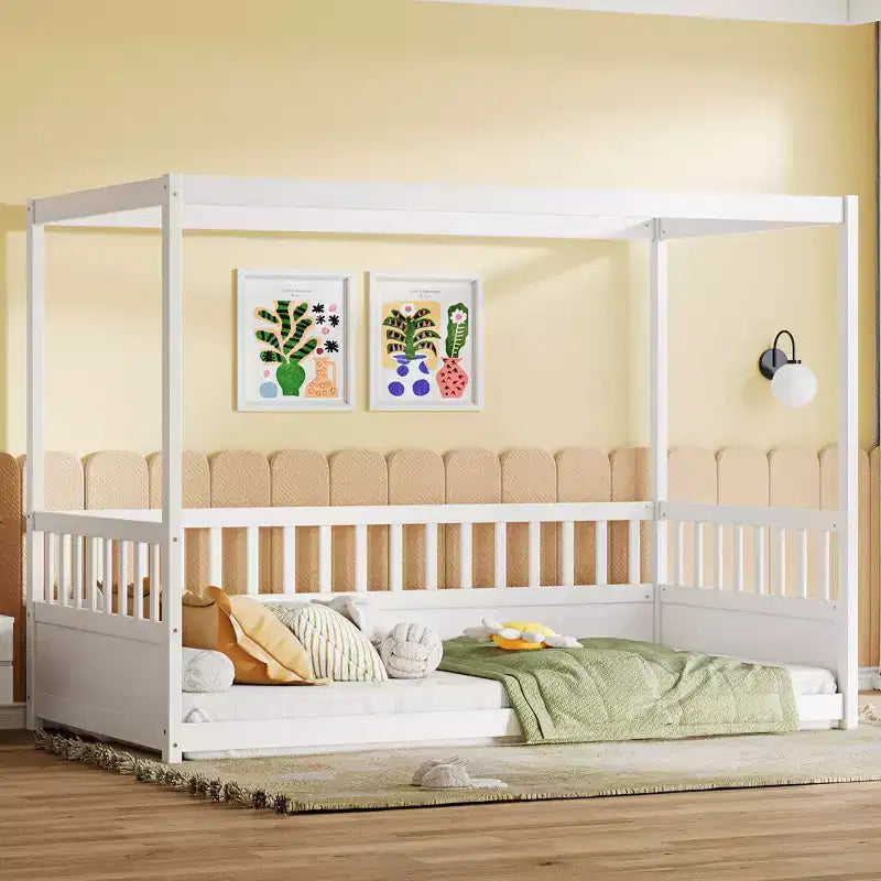 Himmelbett für Kinderzimmer, Einzel-/Doppelbettgestell mit Rausfallschutz, Holz-Baldachinbetten für Kinderzimmer, Schlafzimmer