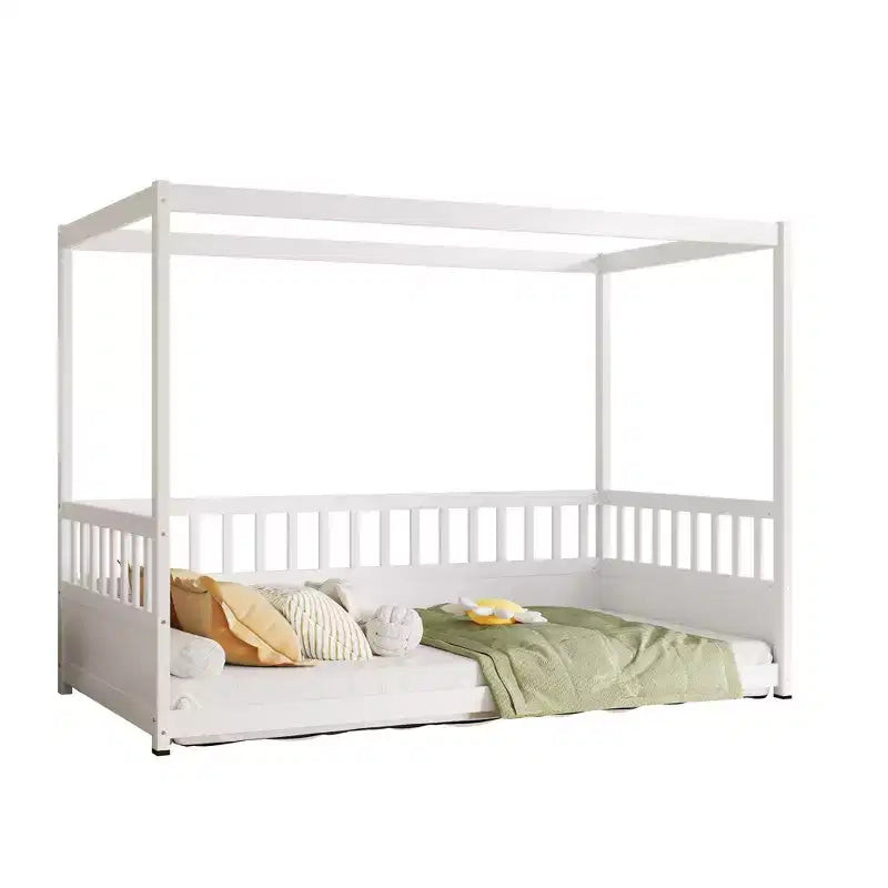 Himmelbett für Kinderzimmer, Einzel-/Doppelbettgestell mit Rausfallschutz, Holz-Baldachinbetten für Kinderzimmer, Schlafzimmer