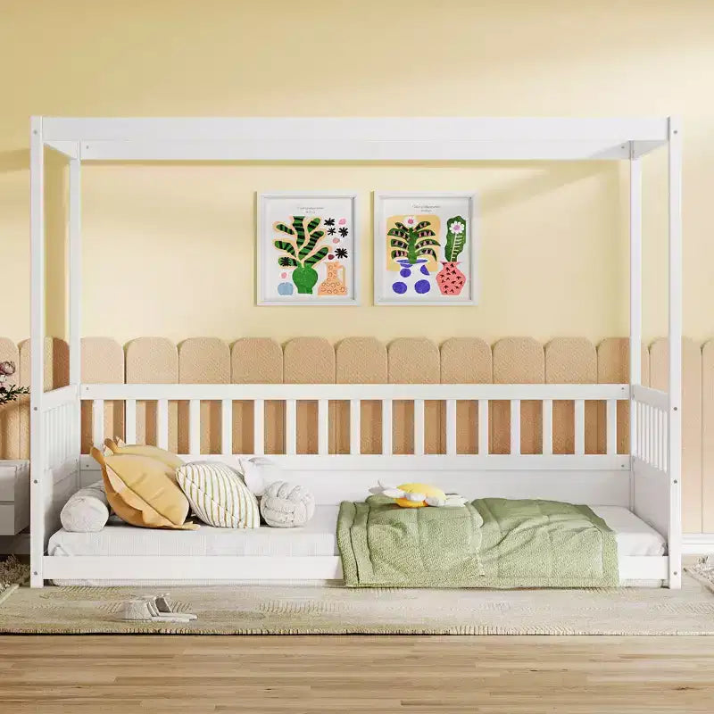 Himmelbett für Kinderzimmer, Einzel-/Doppelbettgestell mit Rausfallschutz, Holz-Baldachinbetten für Kinderzimmer, Schlafzimmer