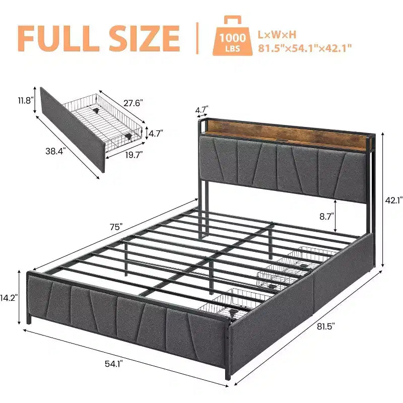 Gepolstertes Plattformbettgestell mit Aufbewahrungsschubladen & Ladekopfteil - Twin, Full, Queen oder King Size, Grau