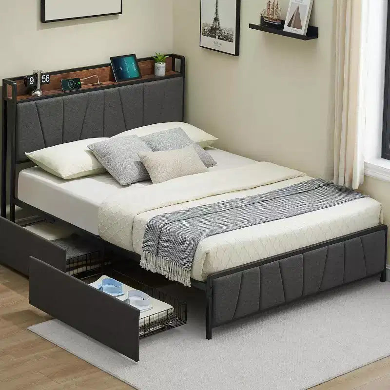 Gepolstertes Plattformbettgestell mit Aufbewahrungsschubladen & Ladekopfteil - Twin, Full, Queen oder King Size, Grau