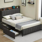 Gepolstertes Plattformbettgestell mit Aufbewahrungsschubladen & Ladekopfteil - Twin, Full, Queen oder King Size, Grau