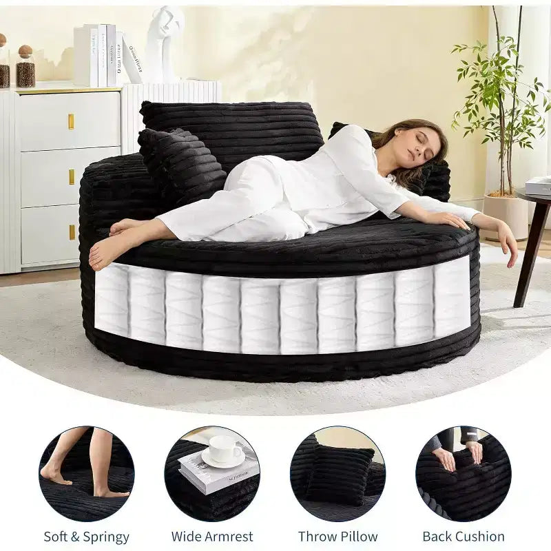 Runde, übergroße Cord-Chaiselongue – knochenloses tiefes Wolken-Schlafsofa für Wohnzimmer, Schlafzimmer, Wohnung