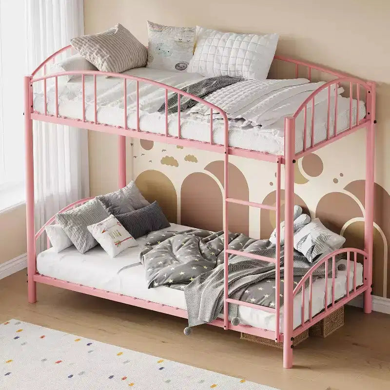 Etagenbett für zwei mit Leiter, gewölbtem Schutzgeländer, Hochleistungs-Stahlrosten - platzsparendes rosafarbenes Etagenbett für Kinder, kein Federrahmen erforderlich.