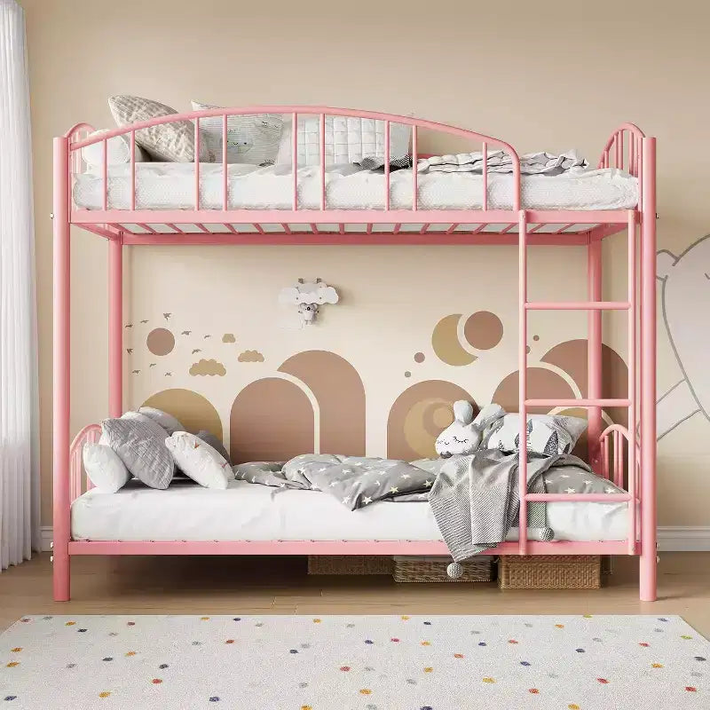 Etagenbett für zwei mit Leiter, gewölbtem Schutzgeländer, Hochleistungs-Stahlrosten - platzsparendes rosafarbenes Etagenbett für Kinder, kein Federrahmen erforderlich.