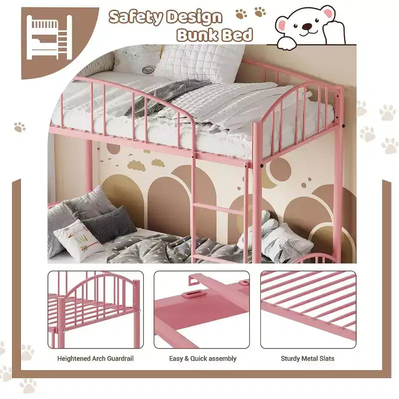 Etagenbett für zwei mit Leiter, gewölbtem Schutzgeländer, Hochleistungs-Stahlrosten - platzsparendes rosafarbenes Etagenbett für Kinder, kein Federrahmen erforderlich.