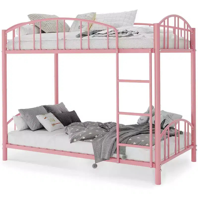 Etagenbett für zwei mit Leiter, gewölbtem Schutzgeländer, Hochleistungs-Stahlrosten - platzsparendes rosafarbenes Etagenbett für Kinder, kein Federrahmen erforderlich.