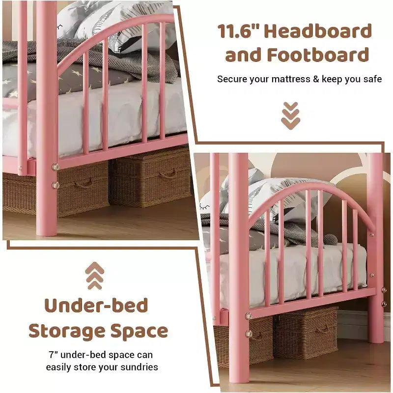 Etagenbett für zwei mit Leiter, gewölbtem Schutzgeländer, Hochleistungs-Stahlrosten - platzsparendes rosafarbenes Etagenbett für Kinder, kein Federrahmen erforderlich.