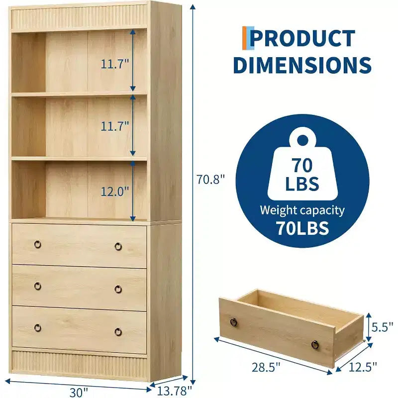 Geriffeltes Bücherregal mit Schubladen, 6-stöckiges hohes Bücherregal mit Aufbewahrungsschrank, gewelltes Design, offenes Regal für Wohnzimmer, Küche, Speisekammer