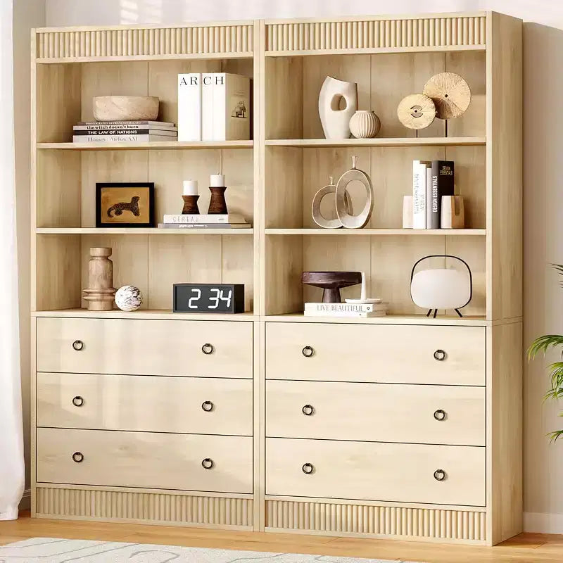 Geriffeltes Bücherregal mit Schubladen, 6-stöckiges hohes Bücherregal mit Aufbewahrungsschrank, gewelltes Design, offenes Regal für Wohnzimmer, Küche, Speisekammer