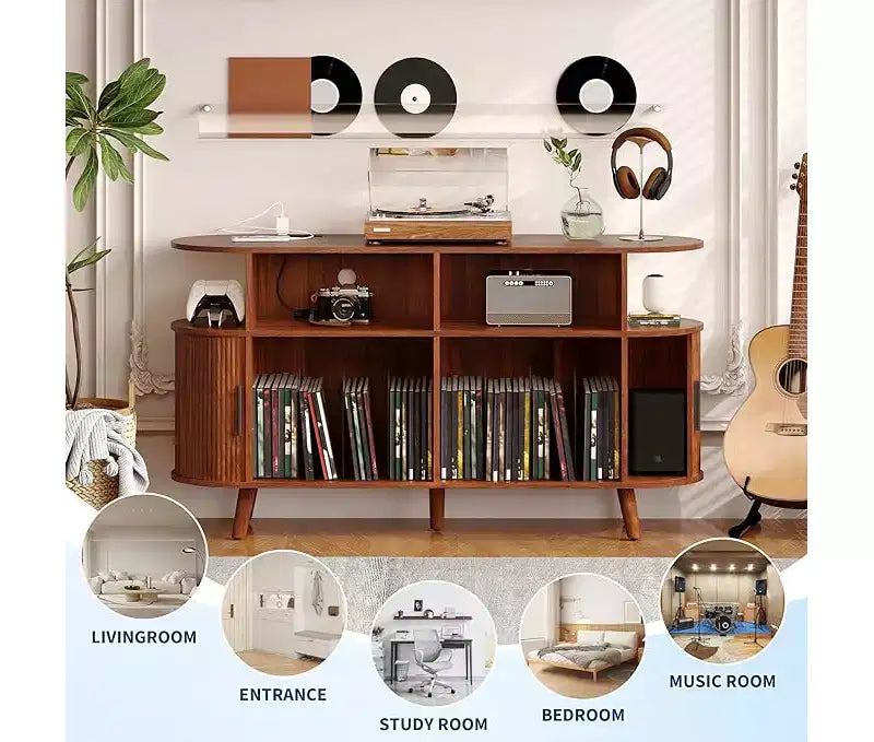 Mid-Century Modern Plattenspieler-Möbelstück mit Rillen, großer Schrank mit Vinyl-Aufbewahrung, offenen Fächern, C Plattenspieler-Tisch für das Wohnzimmer
