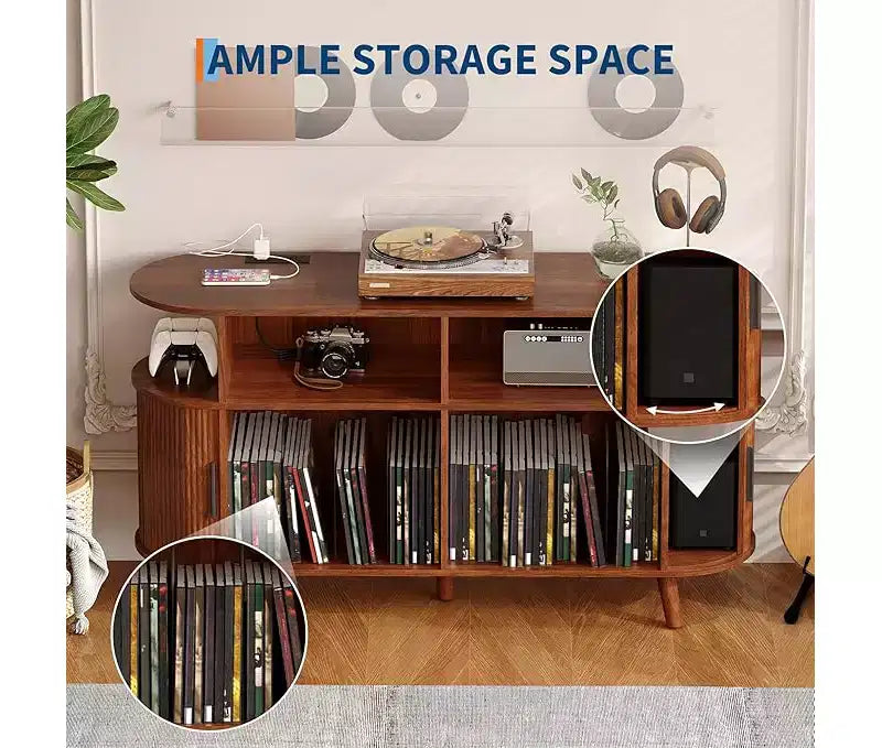 Mid-Century Modern Plattenspieler-Möbelstück mit Rillen, großer Schrank mit Vinyl-Aufbewahrung, offenen Fächern, C Plattenspieler-Tisch für das Wohnzimmer