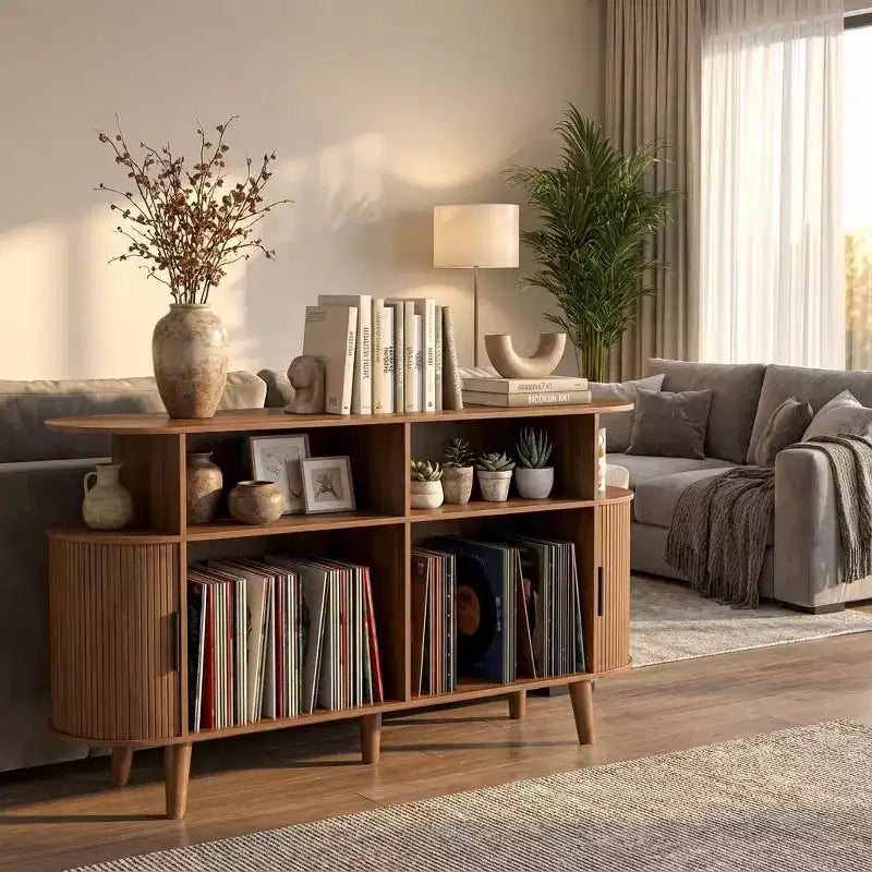 Mid-Century Modern Plattenspieler-Möbelstück mit Rillen, großer Schrank mit Vinyl-Aufbewahrung, offenen Fächern, C Plattenspieler-Tisch für das Wohnzimmer