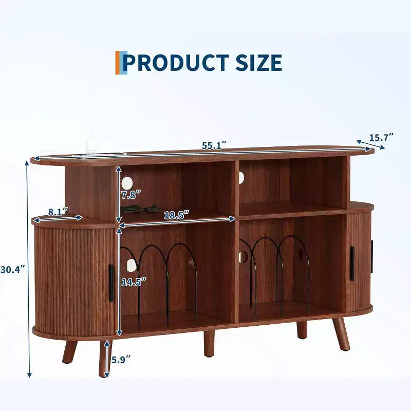 Mid-Century Modern Plattenspieler-Möbelstück mit Rillen, großer Schrank mit Vinyl-Aufbewahrung, offenen Fächern, C Plattenspieler-Tisch für das Wohnzimmer